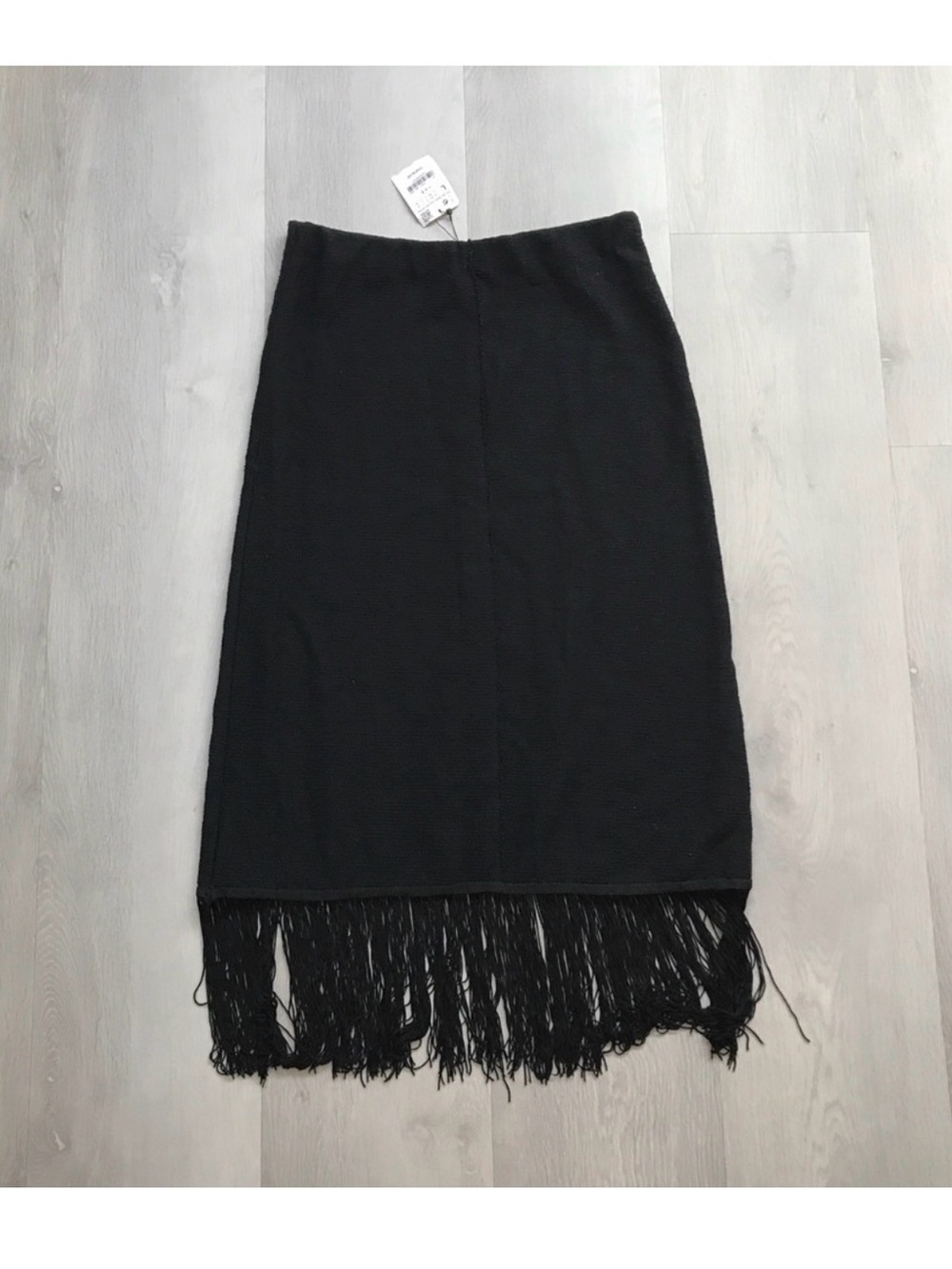 ZARA BLACK TEXTURE PENCIL SKIRT FRINGE HEM WOMENS
